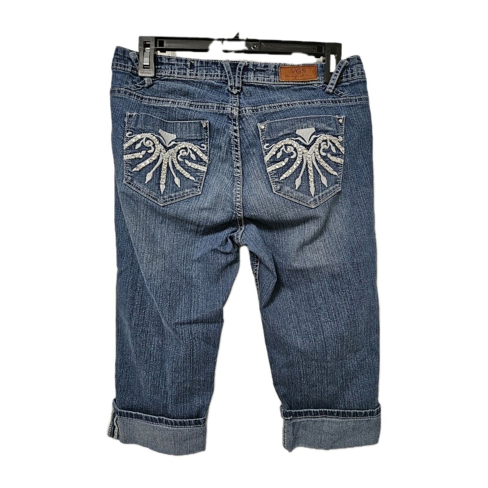VGS Capri Jeans Womens 6 Blue Denim Embroidered Back‎ Pocket Cuffed Cropped Boho